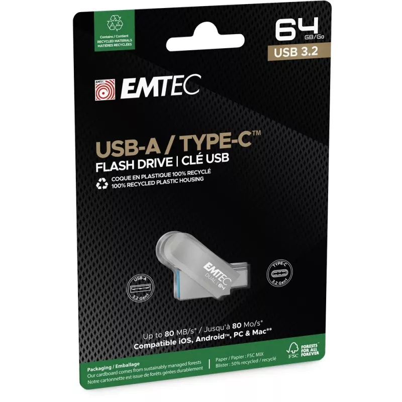 Memoria USB Emtec 64 GB USB Type-A USB Type-C D280
