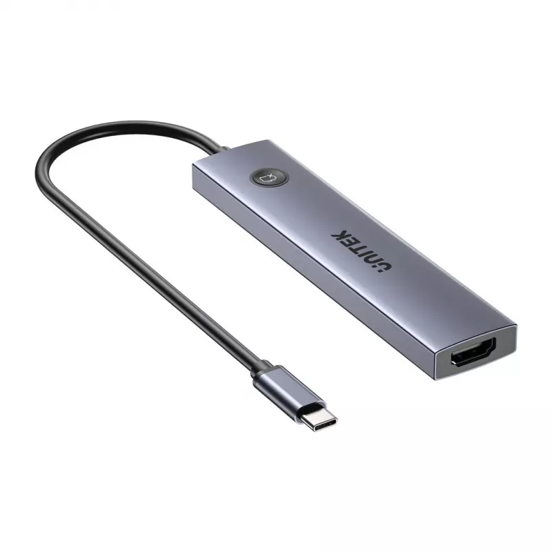 Hub USB-C Unitek H1124AGY01 con 100W PD, HDMI 2.0, 2x USB‑A, 2x USB‑C, lector de tarjetas SD/microSD — aluminio