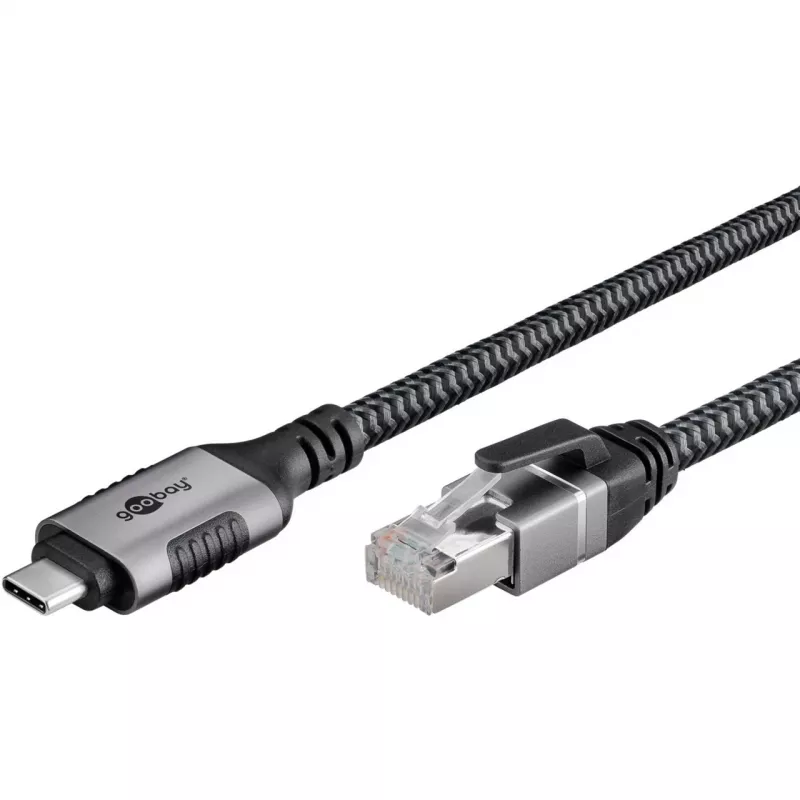 Cable Ethernet USB-C 3.2 Gen2 conector macho > conector macho RJ-45, adaptador LAN negro/plata, 2 metros, funda textil trenzada