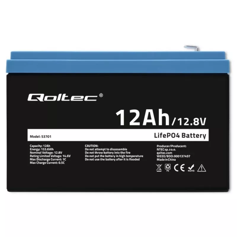 Batería LiFePO4 Litio Hierro Fosfato Qoltec 12,8 V 12 Ah 153,6 Wh con BMS