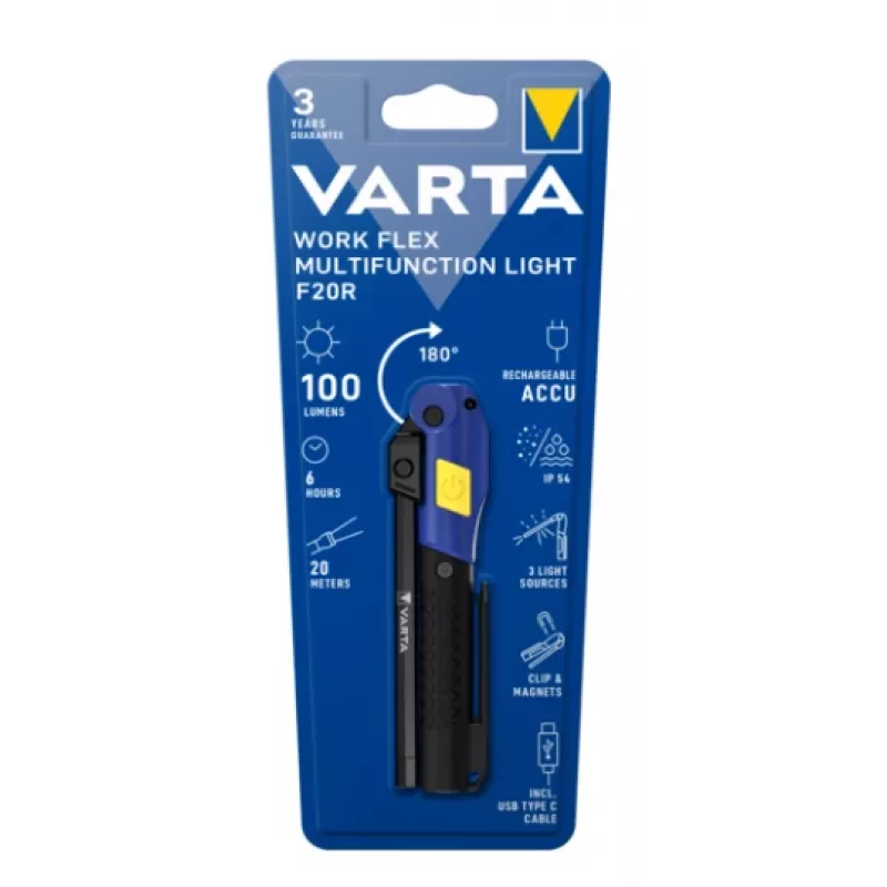 Luz de trabajo portátil Varta Work Flex negro LED, 100 lm, batería integrada, 6 h, aluminio/nailon/PC/goma, 120 mm