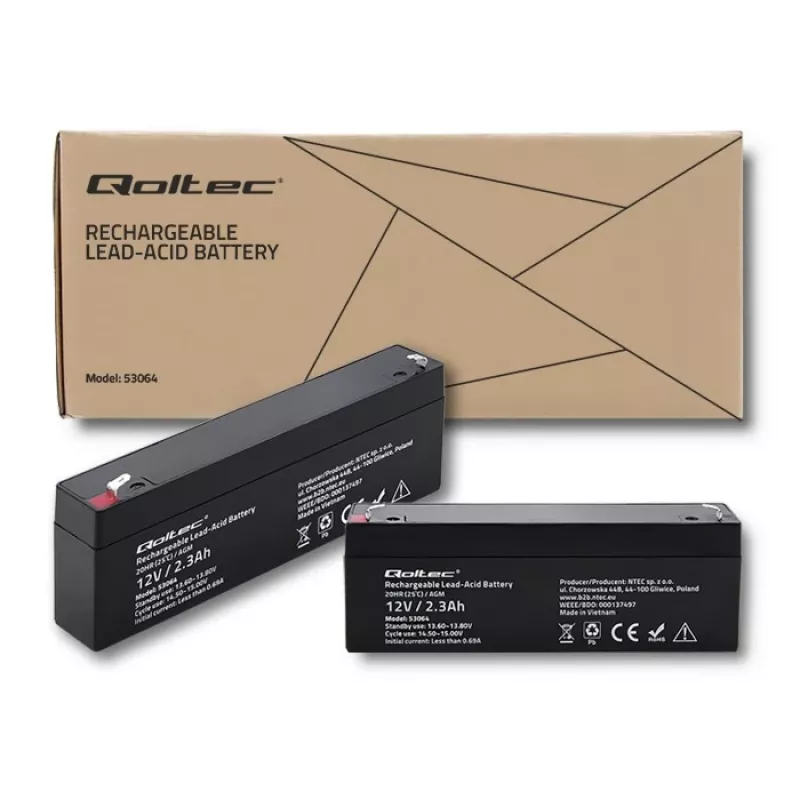 Batería AGM sellada QOLTEC 12V 2,3Ah para sistemas SAI y de respaldo, descarga máx. 34,5A