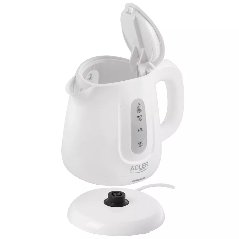 Hervidor de agua Adler AD 1373 – capacidad 1 L, 850 W, blanco, base 360°, polipropileno