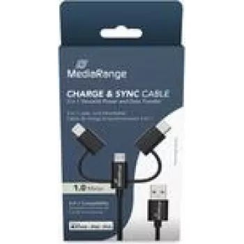 Cable USB MediaRange MRCS246 — 1 m, USB A a USB-C / Micro USB-A / Lightning, USB 2.0, negro