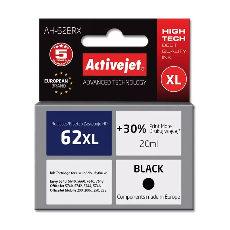 Activejet AH-62BRX Tinta (sustituto de HP 62XL C2P05AE; Premium; 20 ml; negro)