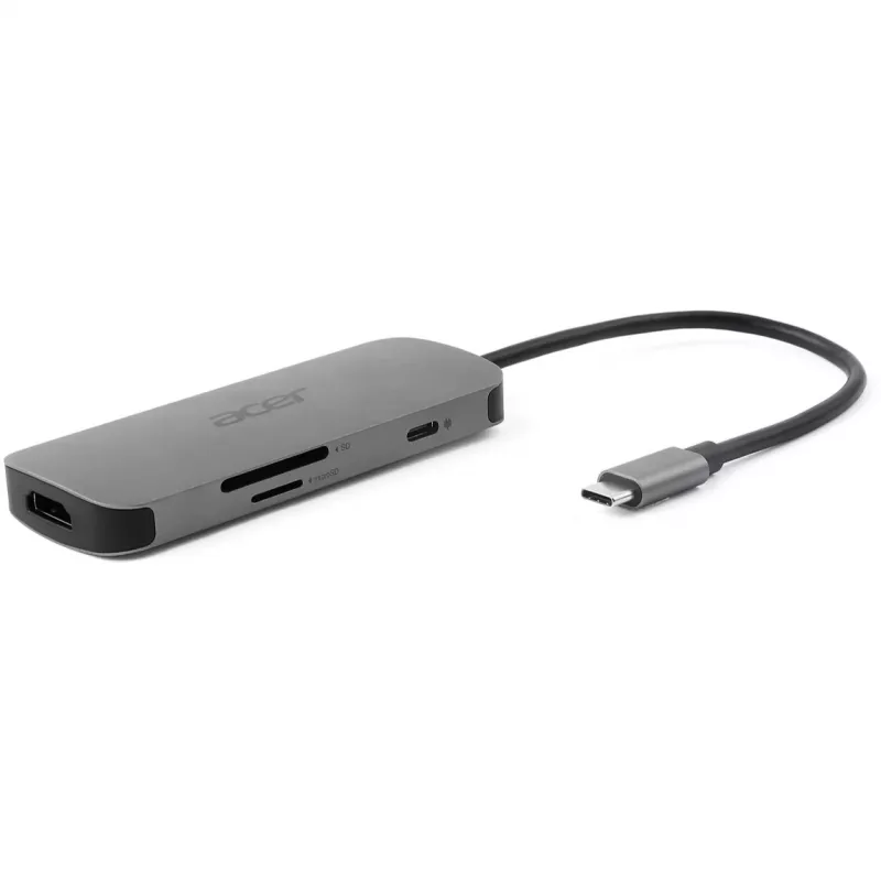 Dongle USB-C 7 en 1 Acer — USB 3.2 Gen 1 Type-C, 3x USB-A, HDMI, SD/MicroSD, 100W PD, plata