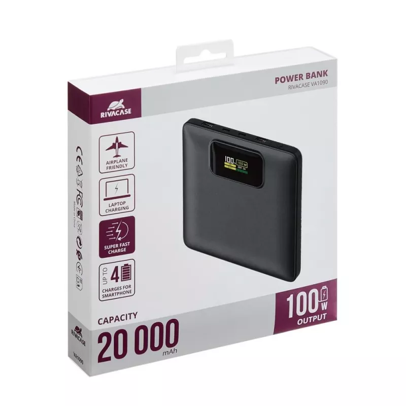 Batería externa Rivacase VA1090 — 20000 mAh, 77 Wh, salida total 100 W, 440 g