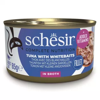 SCHESIR en agua de cocción Atún con espadín - Comida húmeda para gatos - 85 g
