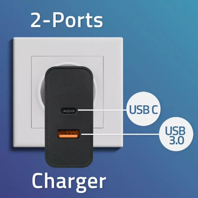 Qoltec 52380 Cargador Super Quick PD | 1xUSB-C | 1xUSB | 65W | 5-20V | 1,5-3,25A | negro