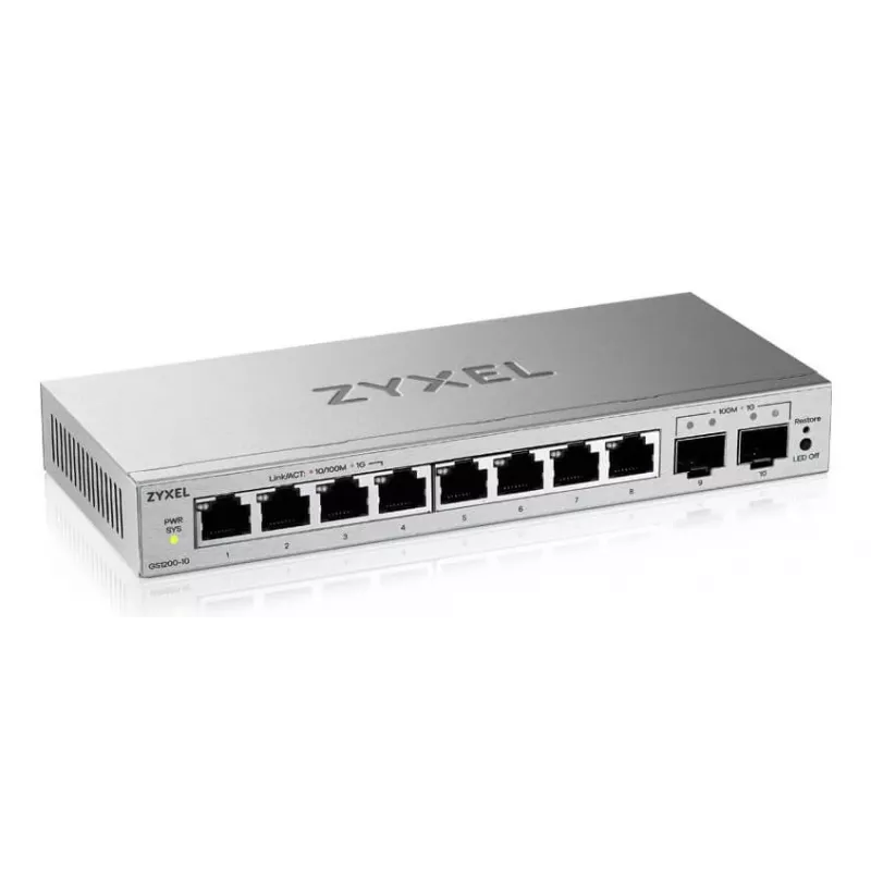 Switch gestionado L2 Gigabit Zyxel GS1200-10v3 — 8x Gigabit (10/100/1000), 20 Gbps, MAC 4000, sobremesa, gris