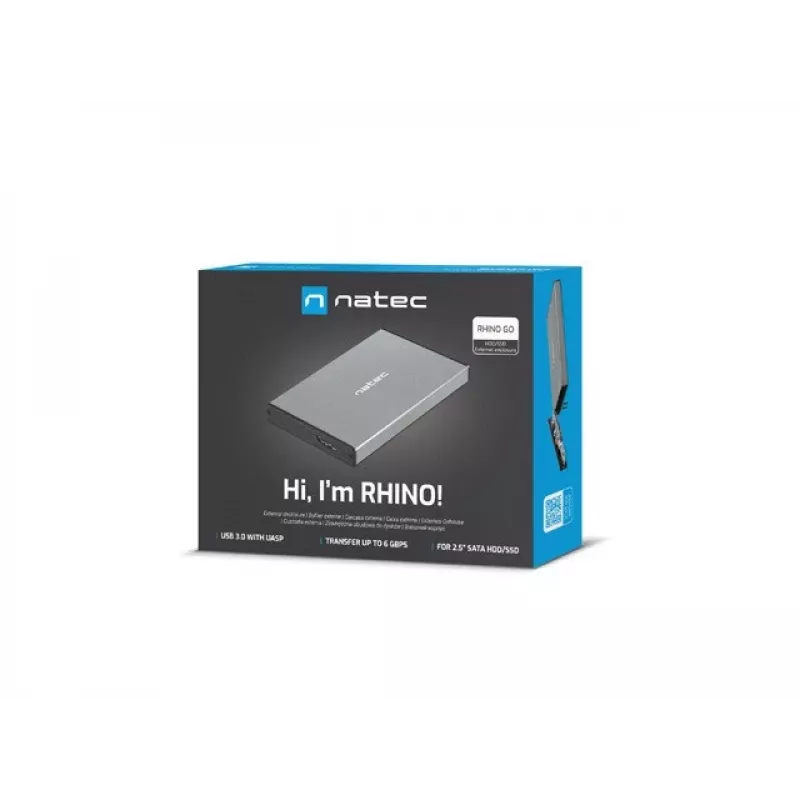 Caja externa HDD/SSD NATEC Rhino GO — 2,5 pulgadas SATA, 9,5 mm, USB 3.0, aluminio, gris, hasta 4 TB