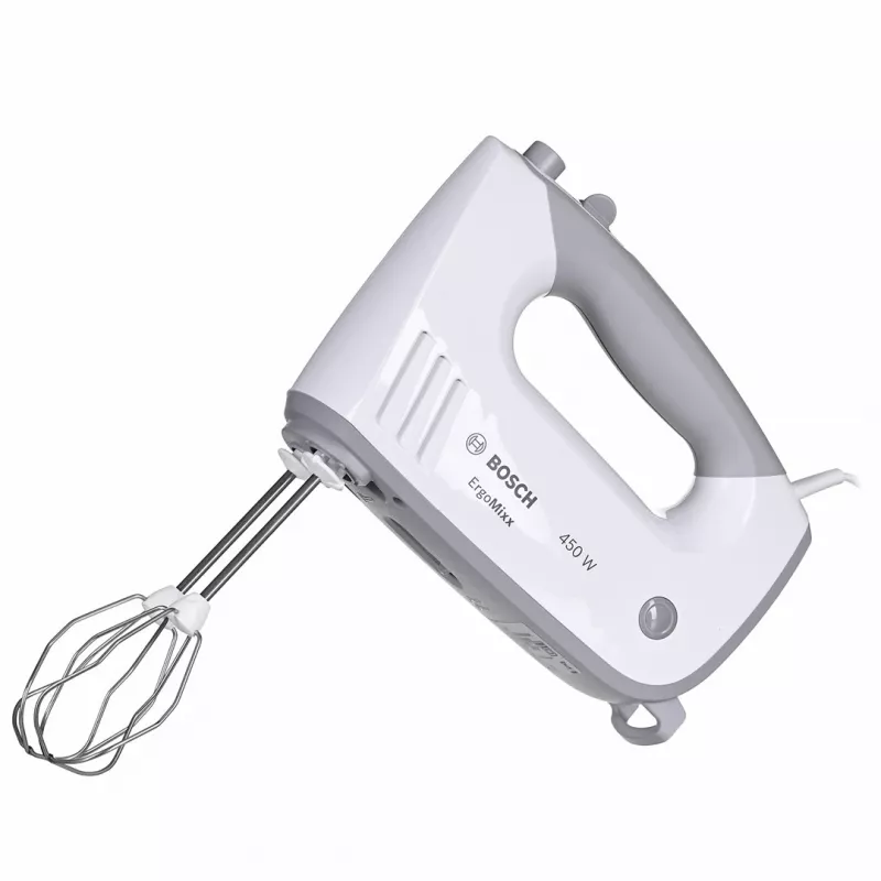 Batidora de mano Bosch MFQ36480 – 450 W, 5 velocidades con turbo, gris/blanco, varillas y ganchos amasadores