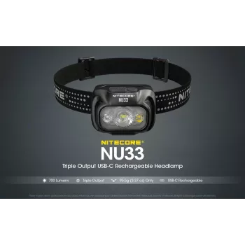 Linterna frontal Nitecore NU33, negra, 3 LEDs, 700 lm, Aluminio, USB recargable, IP66