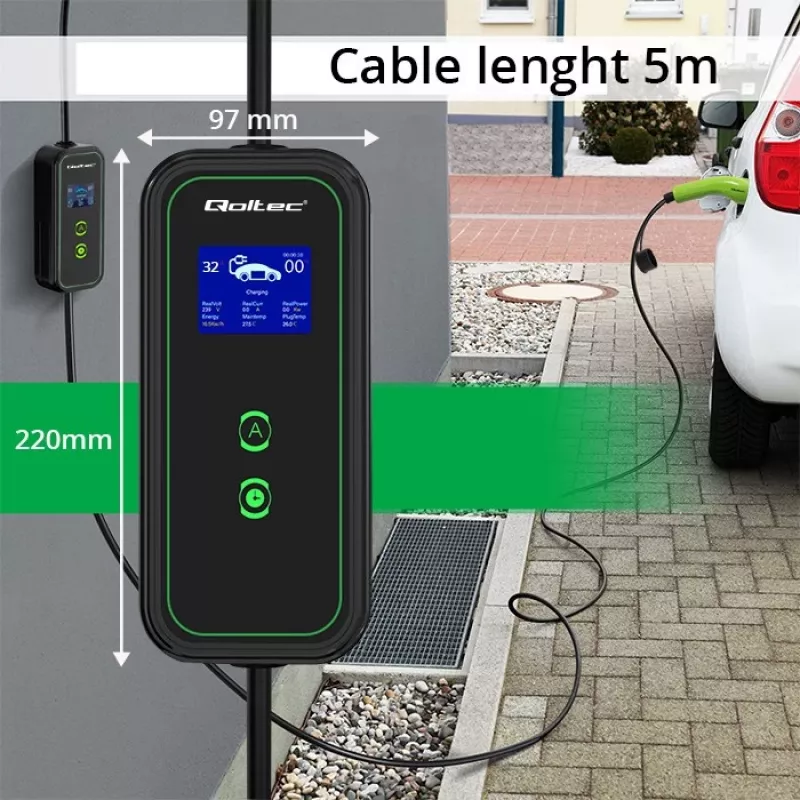 Cargador de coche EV móvil Qoltec ajustable 2en1 Type2 | 7kW | 230V | CEE 3 PIN | Wi-Fi | LCD | portátil | wallbox | 5m