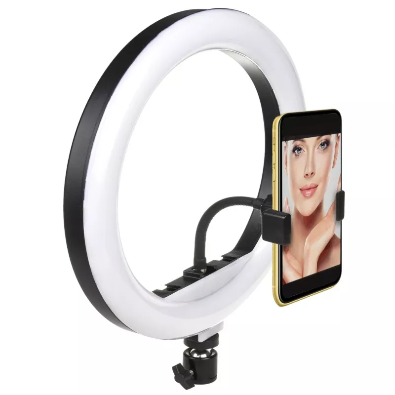 Maclean MCE610 10 12W anillo de luz LED con trípode y disparador Bluetooth, 3 colores, 10 niveles de brillo, brillo ajustable del 10% al 100%, 160 LED, soporte para smartphone, luz de iluminación