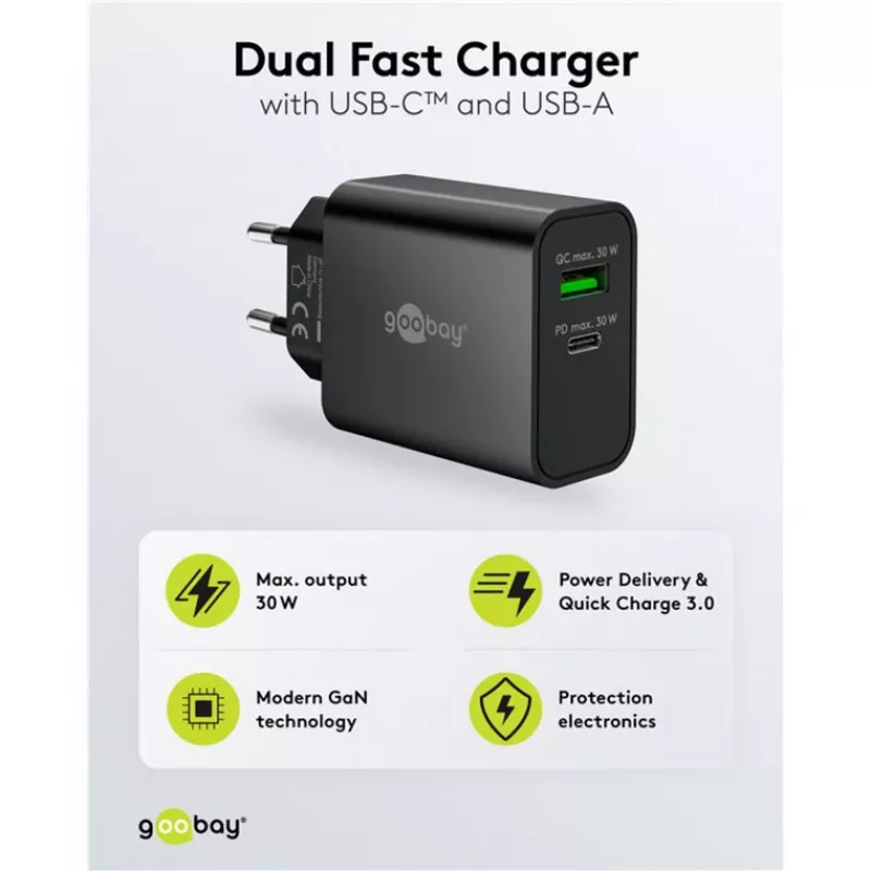 Cargador rápido dual USB-C PD GaN Goobay 30 W negro (75335)
