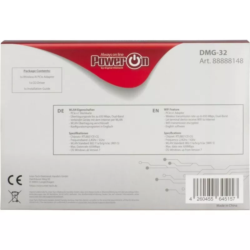 Inter-Tech DMG-32 - Interno - Inalámbrico - PCI Express - Wi-Fi - 650 Mbit/s - negro - plateado (88888148)