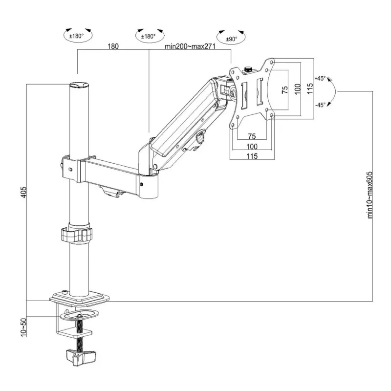 Soporte de monitor MACLEAN MC-135 con muelle de gas para pantallas de 17 a 32 pulgadas, carga 2–10 kg, negro