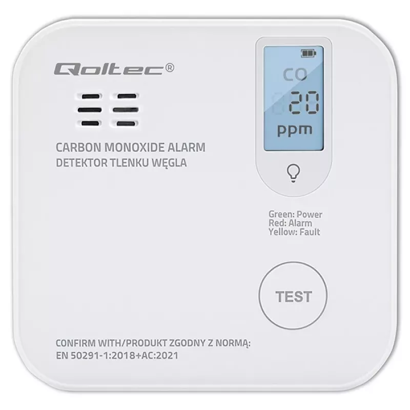 Sensor de monóxido de carbono QOLTEC 52577 — alarma a pilas, nivel sonoro 85 dB