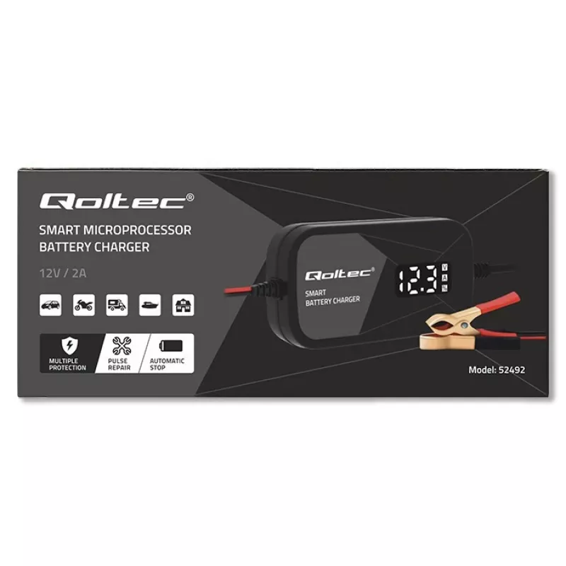 Cargador de baterías QOLTEC 52492 12V 2A con control por microprocesador y regeneración de celdas