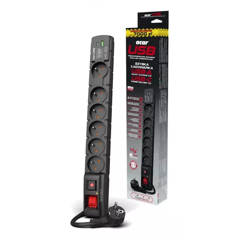 Protector de sobretensión ACAR W2436 negro 6 tomas AC 230V 1,5m (envase dañado)