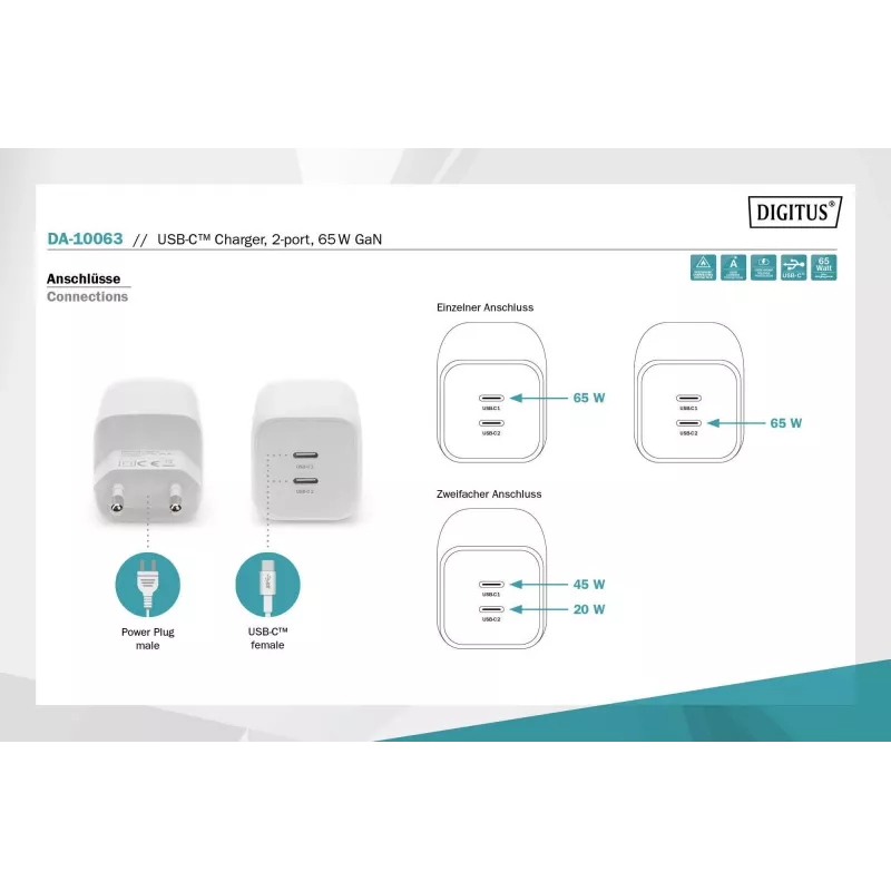 Cargador USB-C Digitus. 2 puertos. 65W GaN