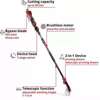 Tijera de podar EINHELL GP-LS 18/28 Li T BL-Solo — tijera de podar de bypass telescópica inalámbrica, 18 V, capacidad de corte 2,8 cm, mango de aluminio