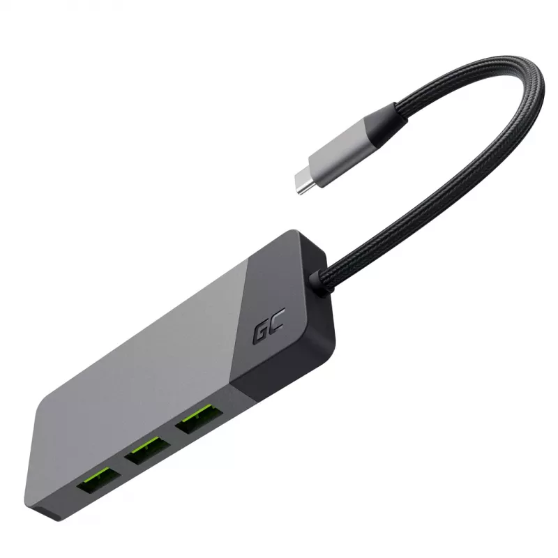 Hub USB Type-C Green Cell HUBGC01 — 7 conexiones: 3×USB‑A 3.2 Gen 1, 1×USB‑C 3.2 Gen 1, HDMI, lector de tarjetas microSD+SD — Plata
