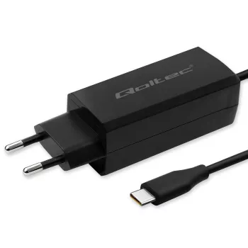 Cargador GaN 90W QOLTEC 52420 USB-C PD 5–20V 3A/4,5A salida, 220–240V entrada, cable de 1,8 m, negro