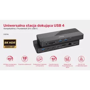 Docking station UNITEK D1079A USB4 con cable negro 100W Power Delivery