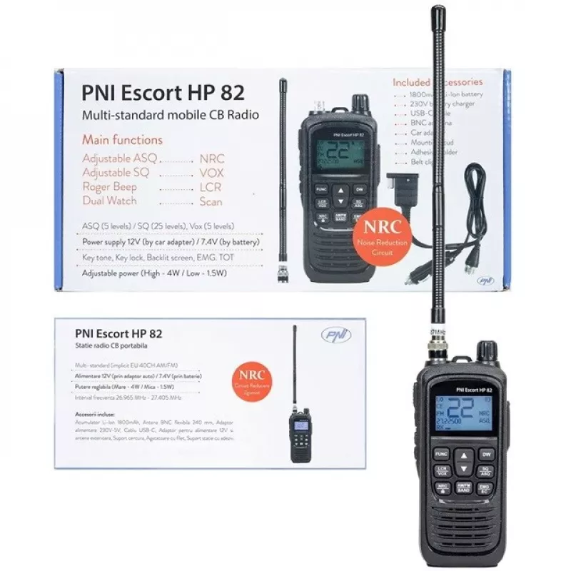 PNI Escort HP 82 radio CB portátil, 1800 mAh, USB-C, negra