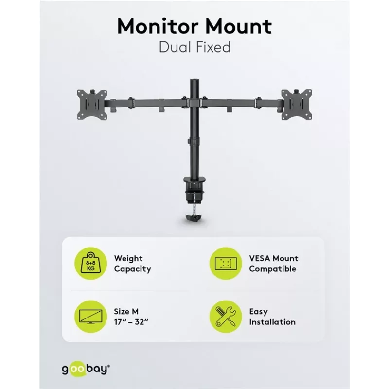 Brazo de monitor Goobay Dual Flex - Pantalla 17-32 inch - Montaje en mesa VESA 75 y 100 mm - Giratorio, orientable e inclinable - Soporte ajustable en altura - Carga máxima