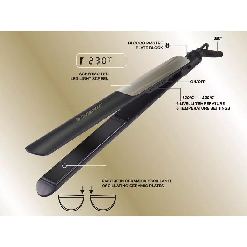 Beper P301PIS200 plancha de pelo, placas cerámicas, 130-230°C, 6 ajustes de temperatura, negro/gris