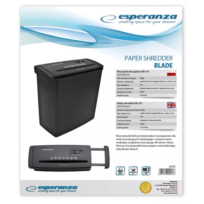 Destructora de documentos Esperanza EN101 corte en tiras 22 cm negra