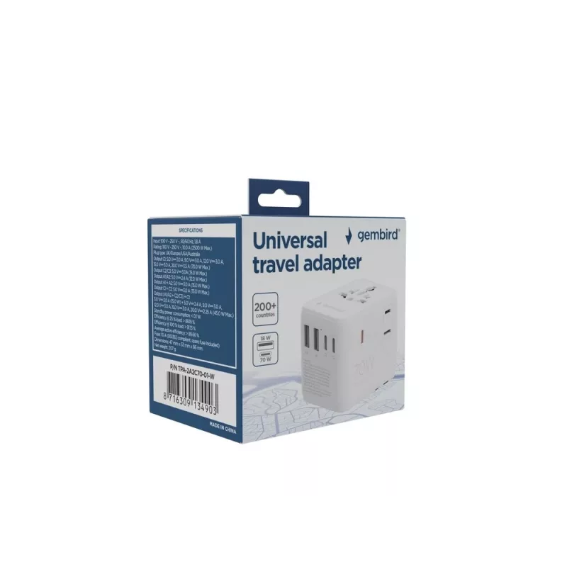 Gembird TPA-2A3C70-01-W adaptador de corriente de viaje universal, 3x USB-C, 2x USB-A, 70 W, GaN, blanco