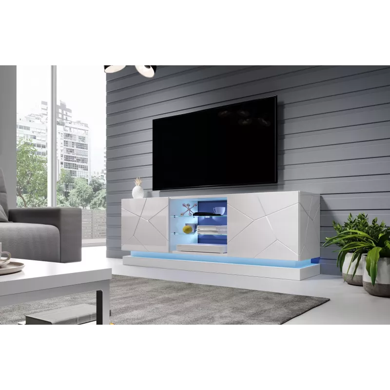 Cama Meble QIU 160 mueble de TV, MDF, blanco brillo