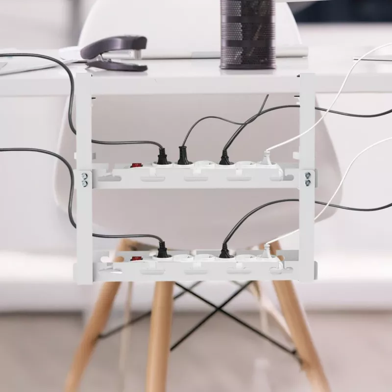 Organizador de cables bajo el escritorio MACLEAN MC-104 W, bandeja de acero de 2 niveles, blanco, carga máx. 5 kg, para grosores de mesa de 0,5–5 cm