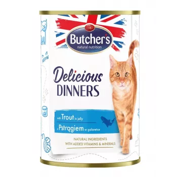 Comida húmeda para gatos Butcher's Pet Care Delicious Dinners 400 g — sabor trucha, gatos adultos, sin conservantes, sin gluten