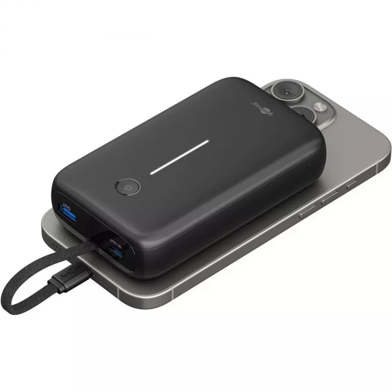 Batería externa 20.000 mAh, cable USB-C integrado de 13 cm, 30 vatios (negro, 20 Ah, 1x USB-A, 2x USB-C, PD, QC)
