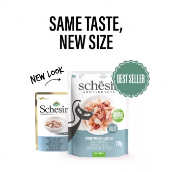 Comida húmeda para gatos Agras Pet Foods SCHESIR atún con merluza en gelatina, 70 g, sin cereales, sin soja ni gluten