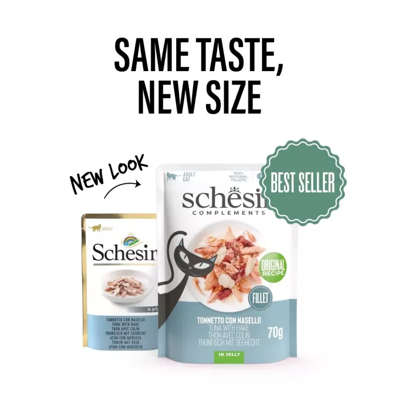 Comida húmeda para gatos Agras Pet Foods SCHESIR atún con merluza en gelatina, 70 g, sin cereales, sin soja ni gluten