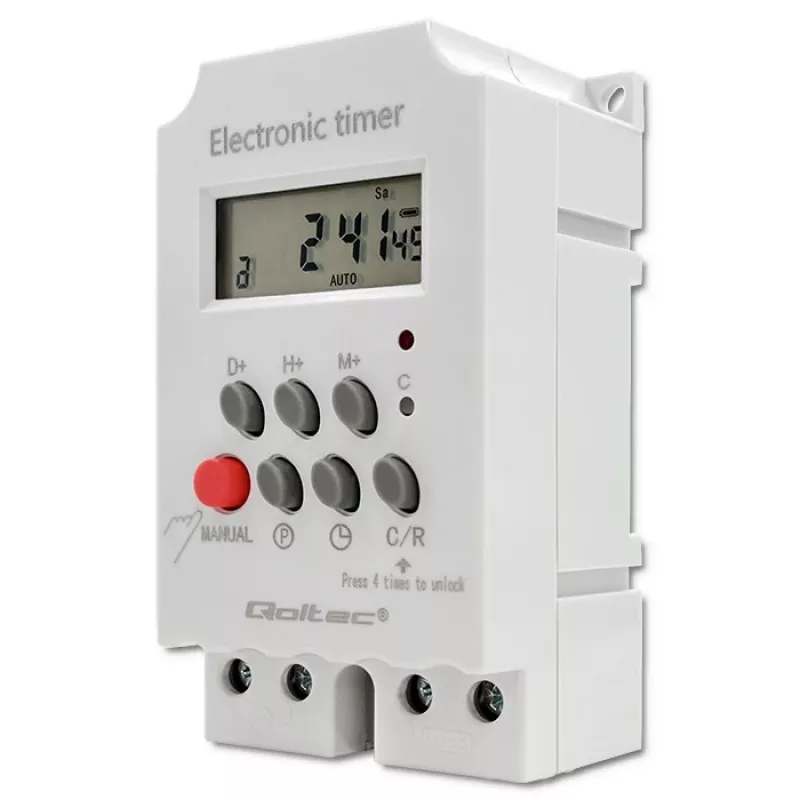 Temporizador electrónico para carril DIN QOLTEC PC0629 — alimentación 24V, salida 16A