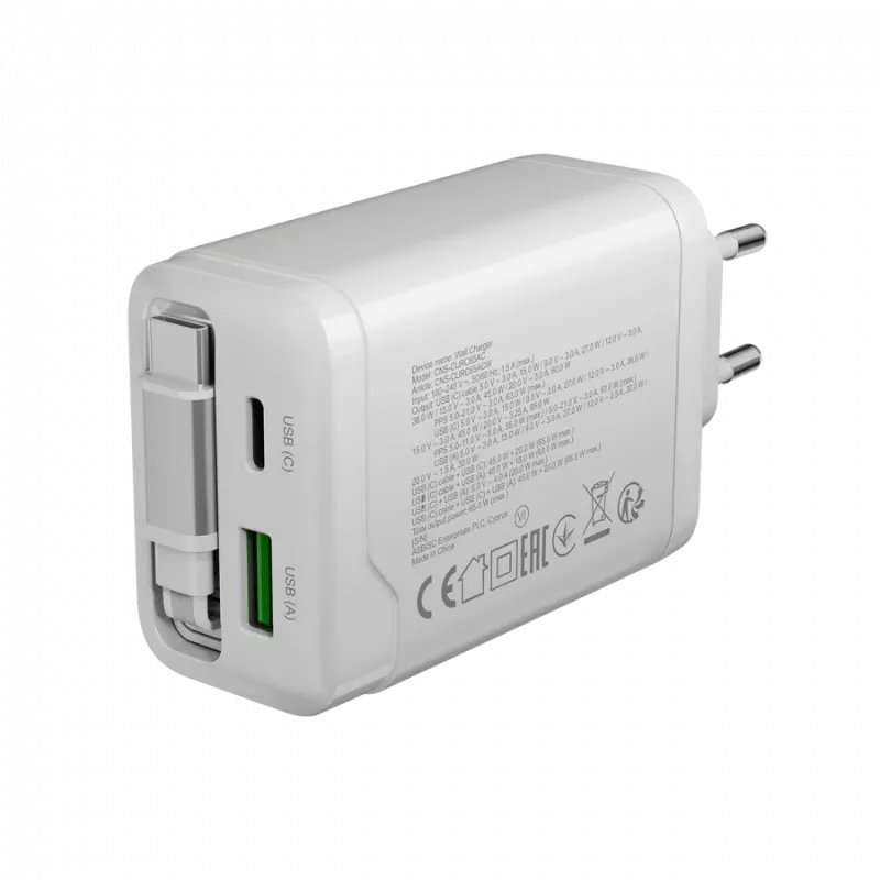 Cargador CANYON OnCharge 65RC con cable USB-C integrado 65W, 1x PD, 1x QC, enchufe EU, blanco