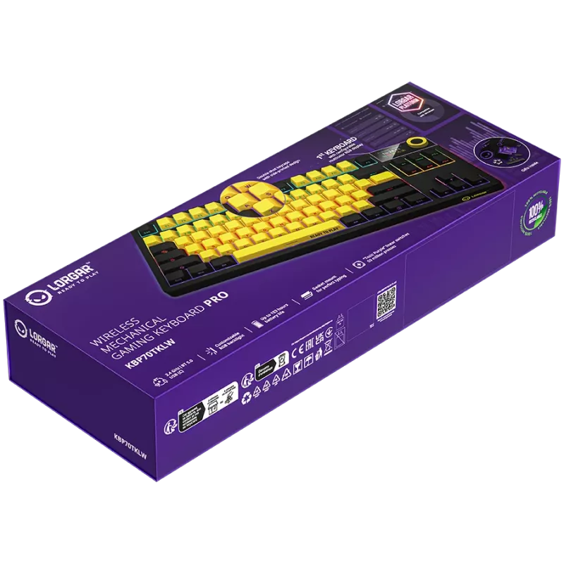 LORGAR KBP70TKLW, Teclado gaming mecánico TKL inalámbrico Pro, Negro/Amarillo, distribución EN