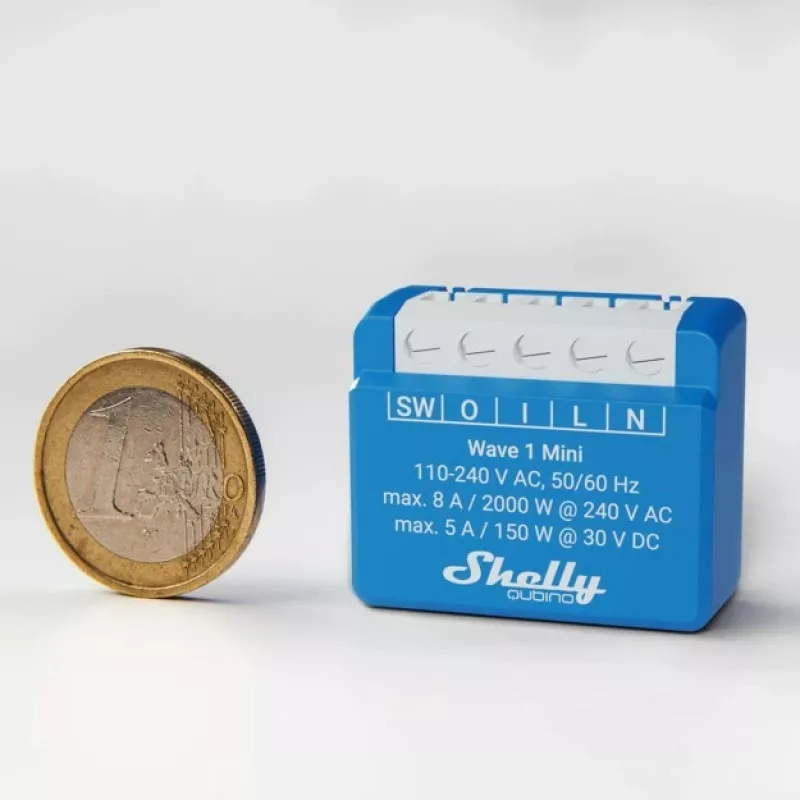 Relé inteligente Shelly Qubino Wave 1 Mini inalámbrico 110–240V, 8A AC / 5A DC, 868,4 MHz, para interiores, azul