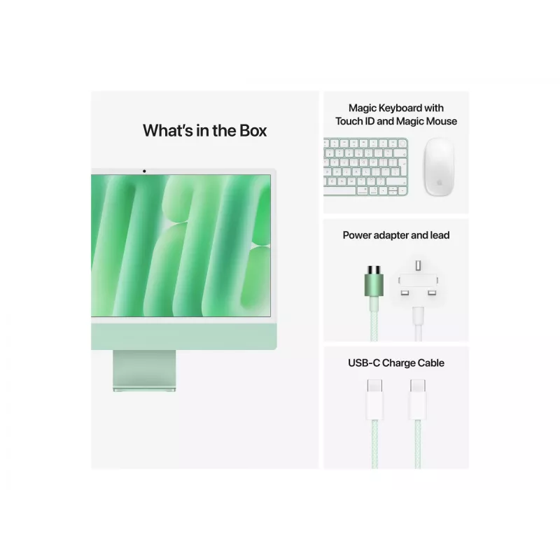 Apple iMac 24" Retina 4.5K, M4 (CPU de 10 núcleos / GPU de 10 núcleos), 16 GB RAM, 512 GB SSD, cristal estándar, Touch ID, teclado alemán, Gigabit Ethernet, Magic Mouse, verde (MWV03D/A)