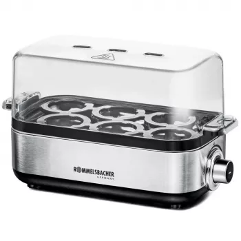 Huevera Rommelsbacher ER 600 — huevera eléctrica, capacidad 6 huevos, 400 W, acero inoxidable, tapa transparente