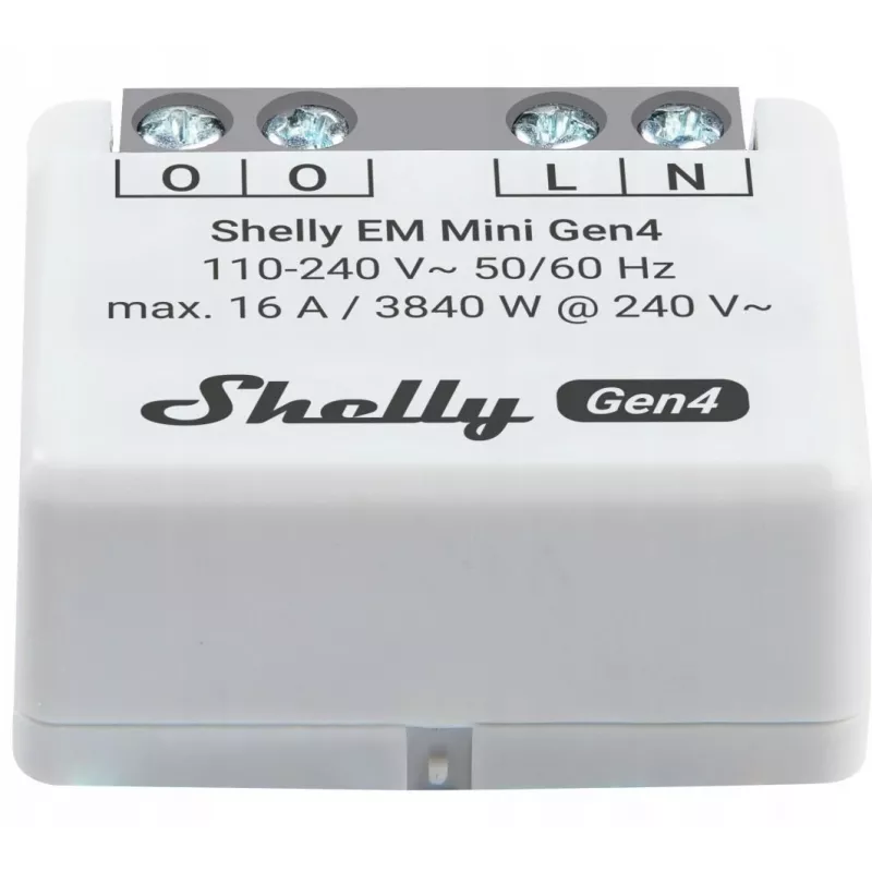 Relé inteligente Shelly Relay EM Mini Gen4 1 canal Wi‑Fi Matter Zigbee Bluetooth 8A, 110–240V, Medidor de energía