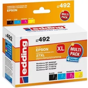 Edding EDD-492 (18-492) paquete combinado de tinta compatible para Epson 27XL, negro/cian/magenta/amarillo
