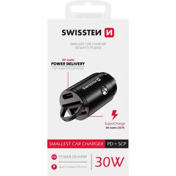 Cargador Swissten NANO smartphone negro mechero de coche carga rápida coche